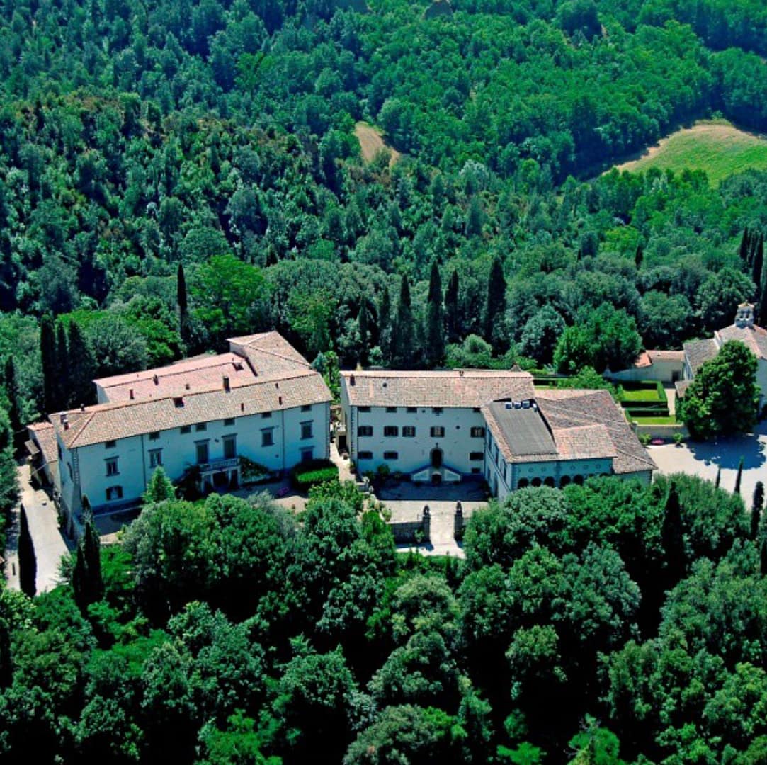 Aerial view of Borgo Poggitazzi near Florence in Tuscany, Italy. A wedding venue.