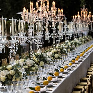 decorated wedding table with flowers and lemons in a garden at a wedding in Rome