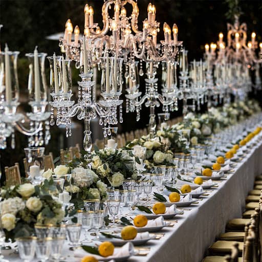 decorated wedding table with flowers and lemons in a garden at a wedding in Rome
