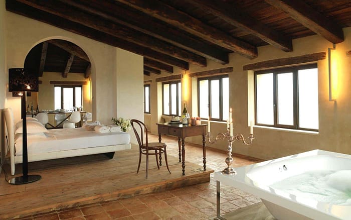 Luxury penthouse suite with panoramic views of countryside at Castello di Semivicoli Abruzzo Italy