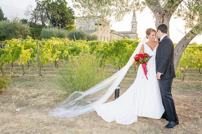 Wedding couple in wedding photo shoot at luxury vineyard wedding venue Castello di Semivicoli Abruzzo