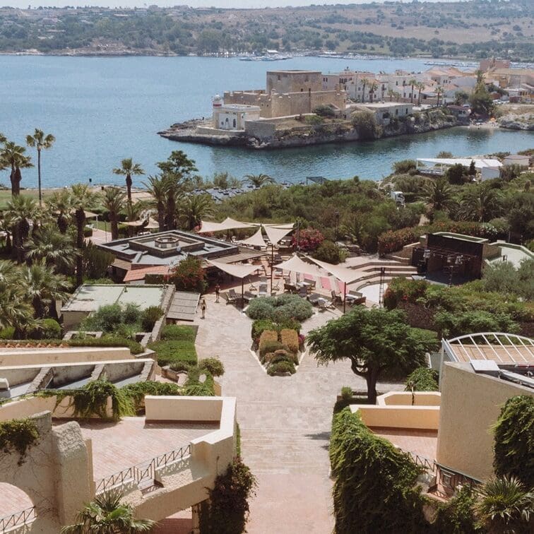 Aerial view of luxurious holiday village in Sicily.