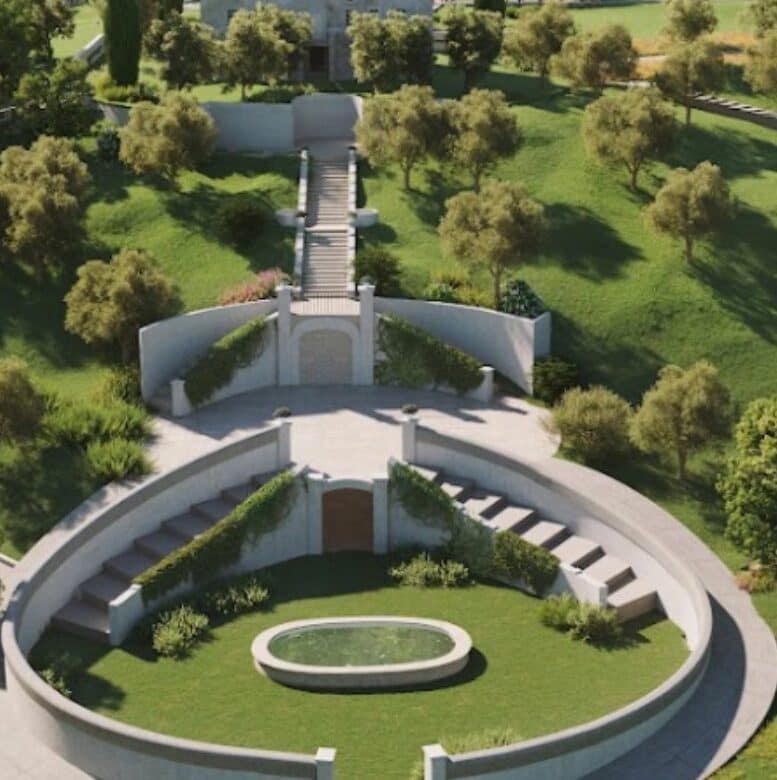 Beach club with tall palm trees at night.