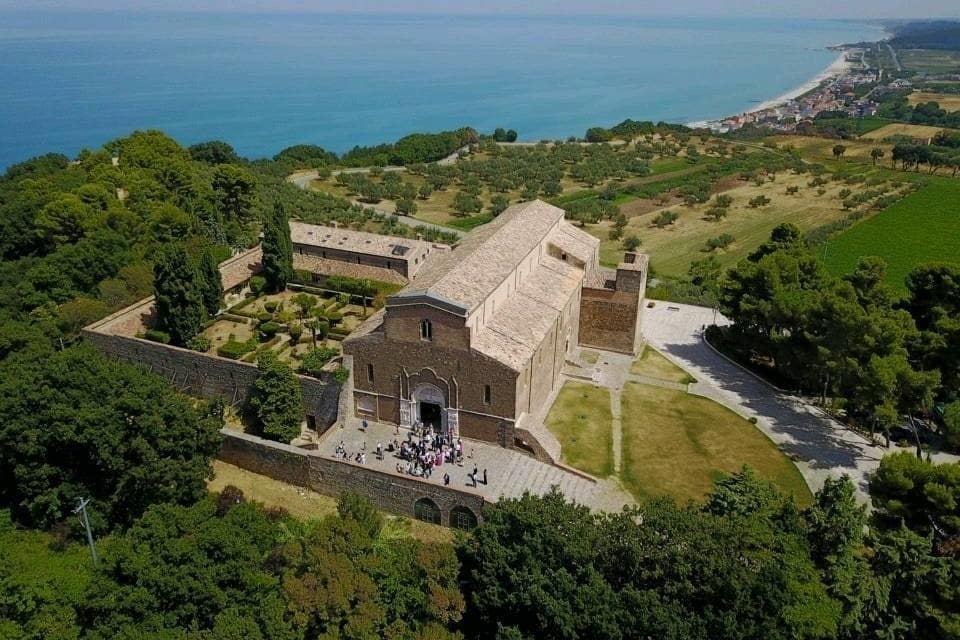 Aerial view of Catholic abbey in Abruzzo, Italy.